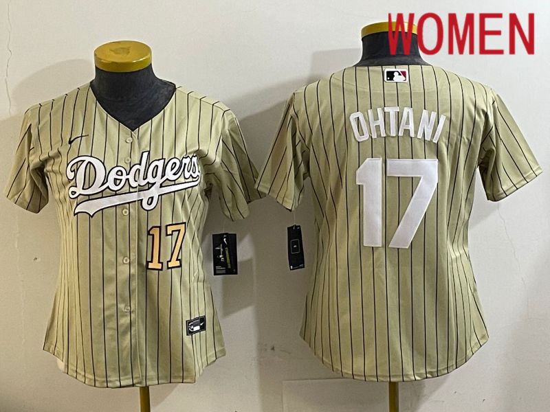 Women Los Angeles Dodgers #17 Ohtani Green Stripe Game 2024 Nike MLB Jersey style 3